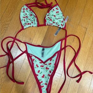 Victoria's Secret Cherry Print Mint Triangle Bikini with Red Trim